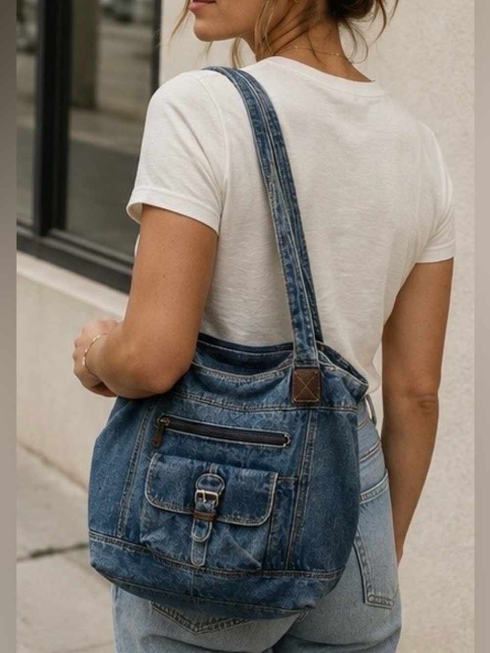 Y2K 100% Cotton Denim Shoulder Tote Bag Blue Jean Buckle Leather Trim